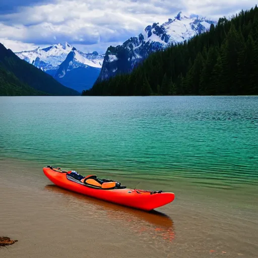 Image similar to a beautiful image of a breathtaking lake with amazing mountains in the background, there is a kayak in the foreground on the beach. landscape image