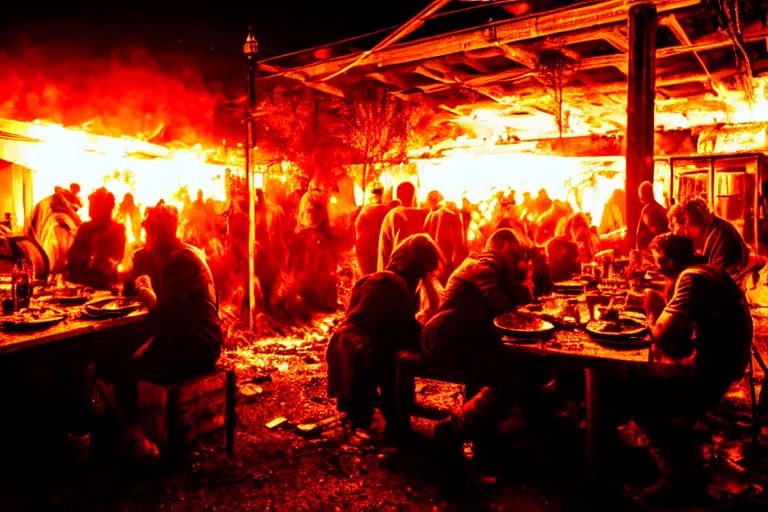 Image similar to post apocalyptic dinner being used as a shelter, dystopian, fire, people huddled, night, neon sign, rust