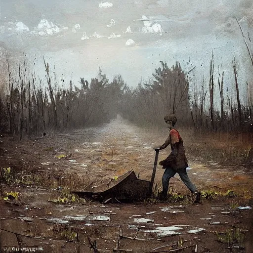 Image similar to painting by jakub rozalski of a person walking with a wheelbarrow in an abandoned post soviet town infested with root monsters