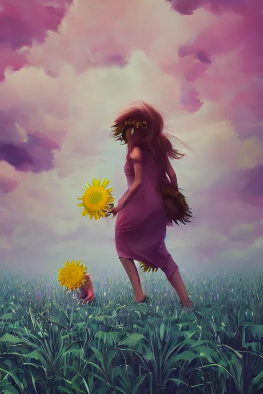 Prompt: closeup, girl with giant daisy flower head, between monsteras, surreal photography, wind and cold, dramatic sky, impressionist painting, digital painting, artstation, simon stalenhag