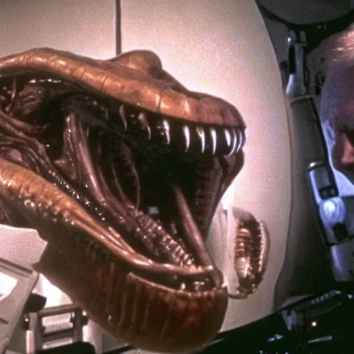 Image similar to cinematic still of sir david attenborough watching a xenomorph from the distance in 1 9 7 9 movie alien, hd, 4 k