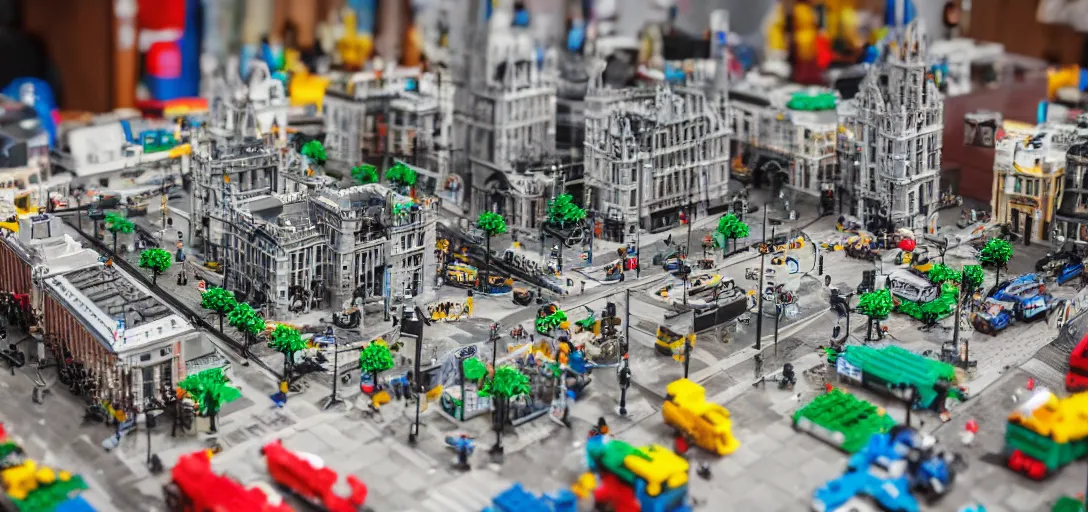 Image similar to detailed lego build of dublin city center on basement table, professional photo, professional lighting, HDR