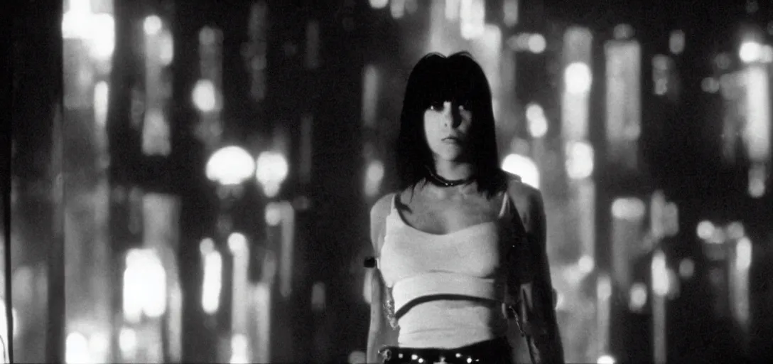 Image similar to a film portrait still of joan jett in blade runner, gritty cyberpunk atmosphere. realism, cinematic lighting, 4 k. 8 mm. grainy. panavision.