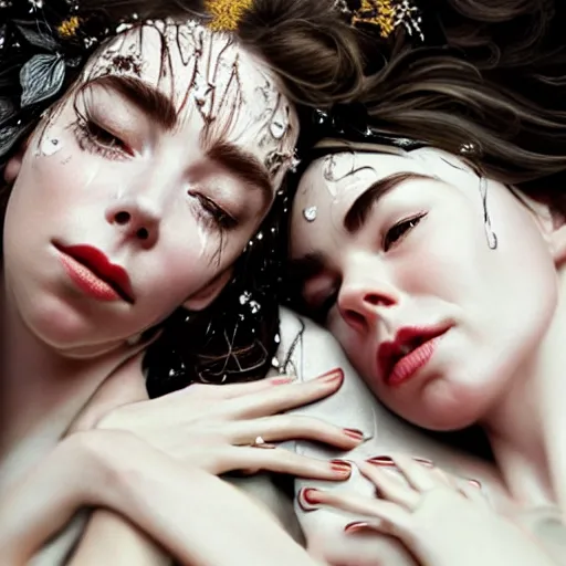 Prompt: stunning photo of dark - haired goddesses vanessa kirby and bjork smiling, laying back on a pillow, with white tears all over their faces, a beautiful closeup, wet lips, perfect eyes, insanely detailed, elegant, by mucha, wlop, rutkowski, livia prima