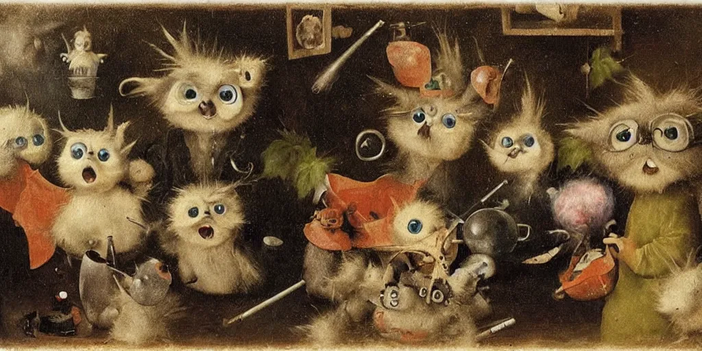 Prompt: a small group of furbies smoking weed!!!!! ( ( ( hieronymus bosch painting ) ) ) furbies with realistic bongs!! smoking pipes!! and joints!!, smoke! fills the air of a small room, studio lighting