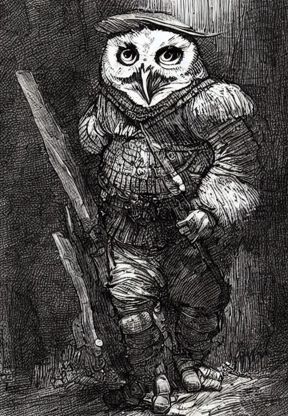 Prompt: graphic novel about grumpy owl mercenary, by rembrandt