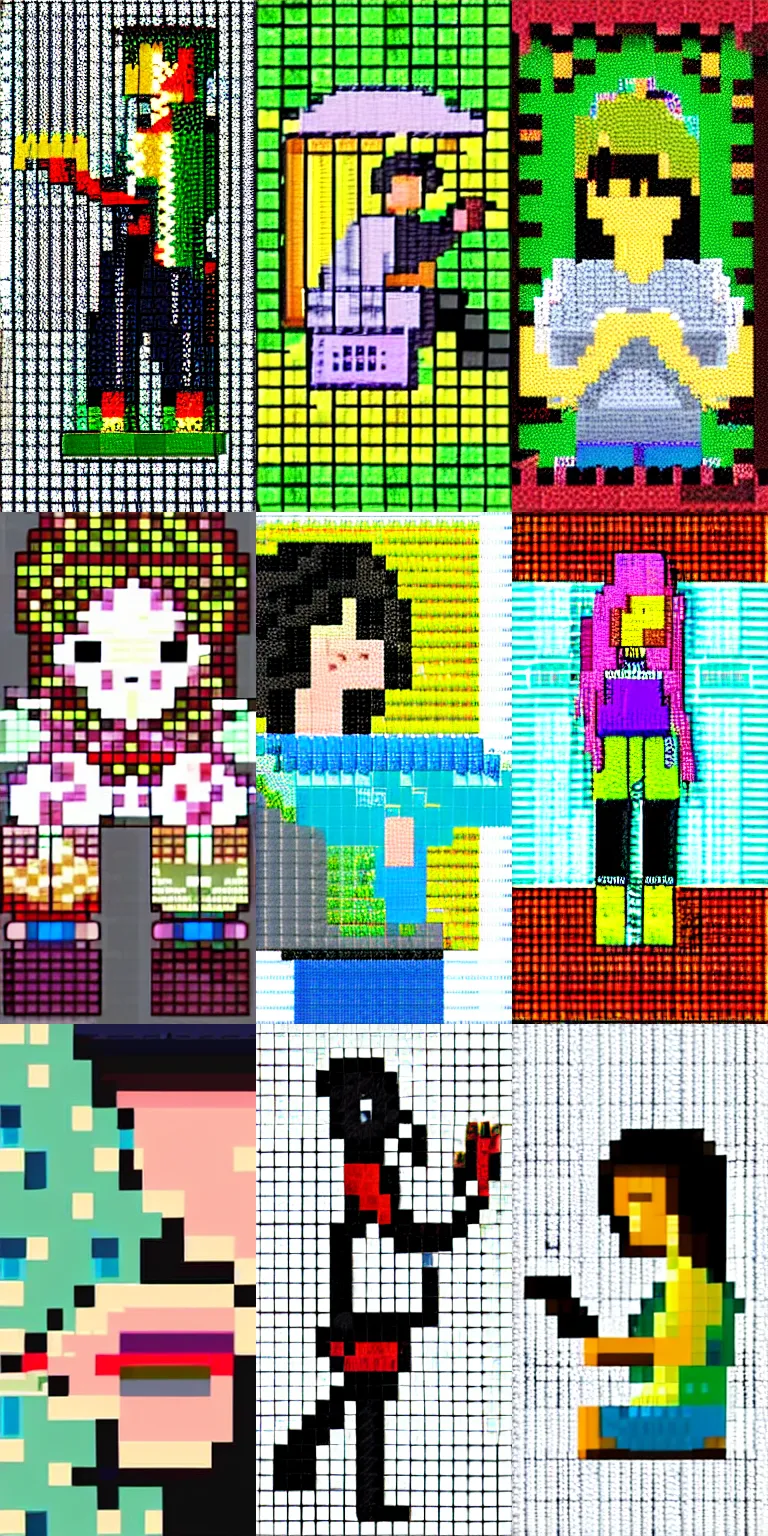 Prompt: young woman knitting, pixel art