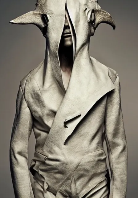 Image similar to an award - winning photo of an ancient male model wearing a plain designer menswear jacket inspired by h. r. giger designed by alexander mcqueen