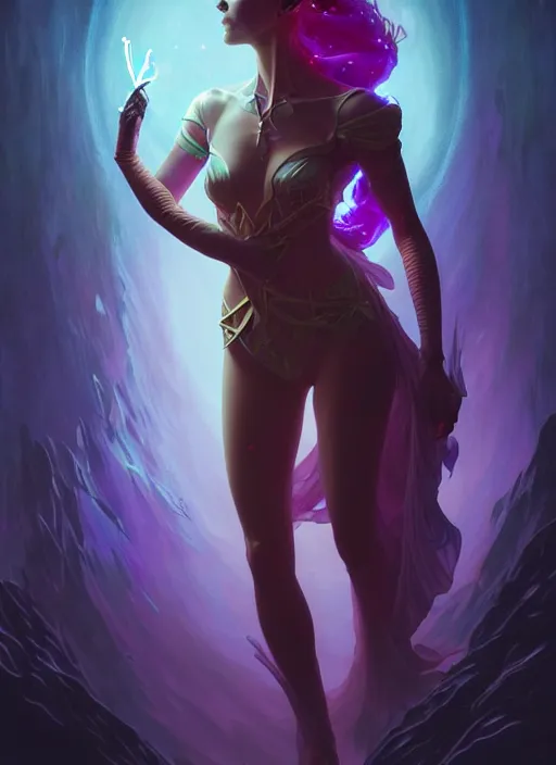 Image similar to a vampire faceless glowing liquefied stardust adventurer, dnd fantasy character, full body portrait, glowing neon skin, magical aura, ultra realistic, intricate, elegant, highly detailed, digital painting, artstation, smooth, sharp, focus, illustration, art by artgerm and greg rutkowski and alphonse mucha and dan mumford, sacred geometry