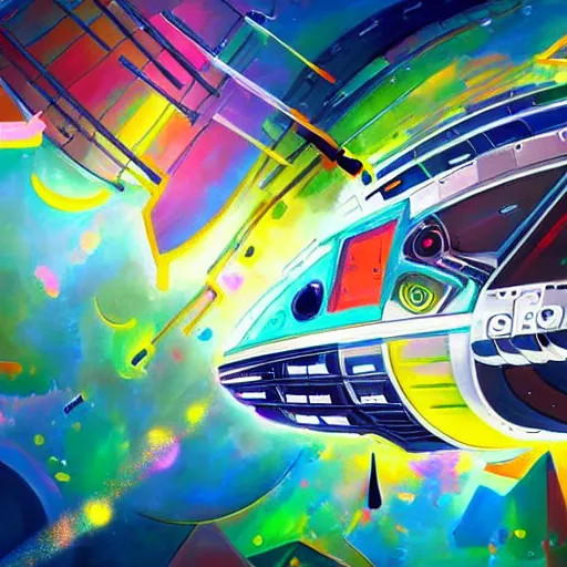 Prompt: spaceship under construction industrial robotic automation factory automotive futuristic painting colorful vibe sparkle energy real paint splatters picasso kandinsky detailed 4 k deviantart artstation trending reddit station gas flying scifi