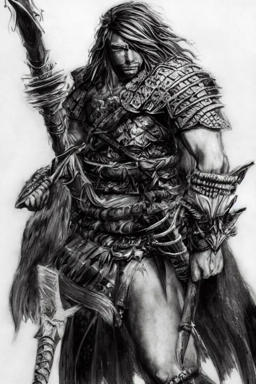 Image similar to A realistic anime portrait of a young handsome male barbarian with long wild hair, intricate fantasy spear, plated armor, D&D, dungeons and dragons, tabletop role playing game, rpg, jrpg, digital painting, by Frank Frazetta, concept art, highly detailed, promotional art, HD, digtial painting, trending on ArtStation, golden ratio, rule of thirds, SFW version