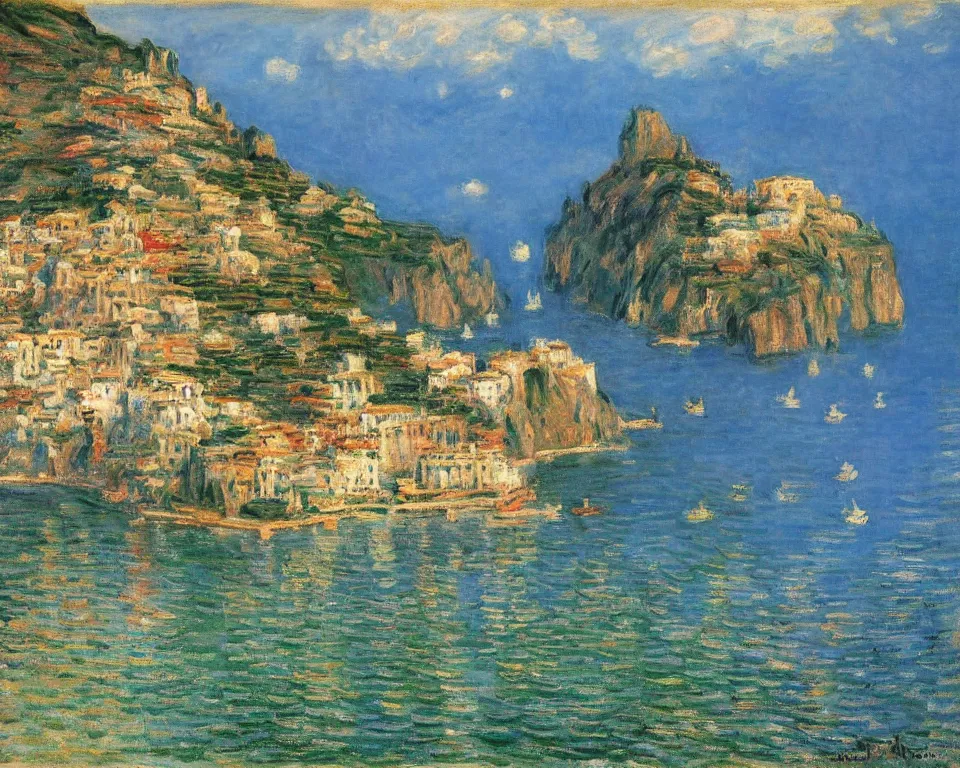 Prompt: picturesque Italian village on the amalfi coast by Monet and Hopper.