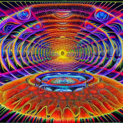 Prompt: highly detailed painting of the inside of a dmt temple filled with magical energy by mad dog jones and alex grey