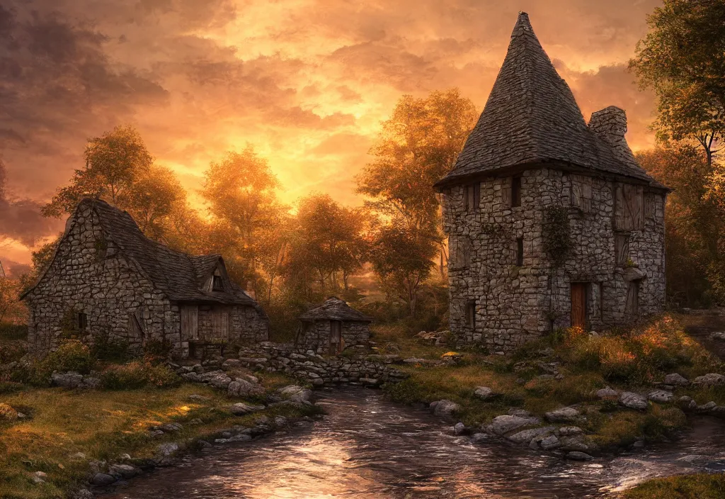Image similar to a small stone medieval house near a small river at sunset, dramatic lighting, cinematic lighting, HDR, highly detailed, high quality, Seb McKinnon style, 8k, anime style