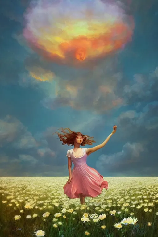 Image similar to large white daisy flower as head, girl dancing in a flower field, surreal photography, sunrise, dramatic light, impressionist painting, colorful clouds, digital painting, artstation, simon stalenhag