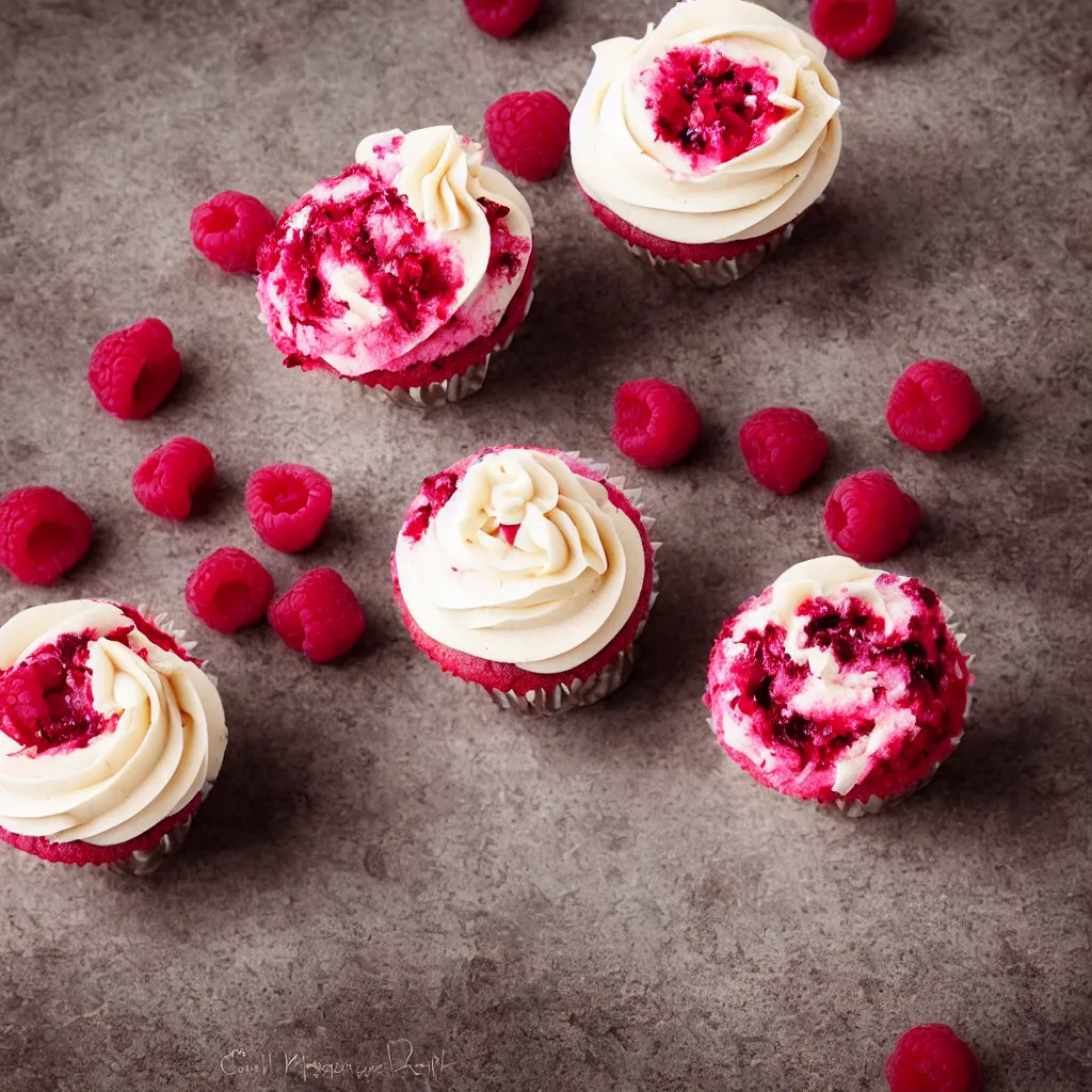 Prompt: raspberry cupcake, dynamic lighting, bokeh, carl zeiss 8 5 mm vintage lens, hyper realistic, award winning food photography