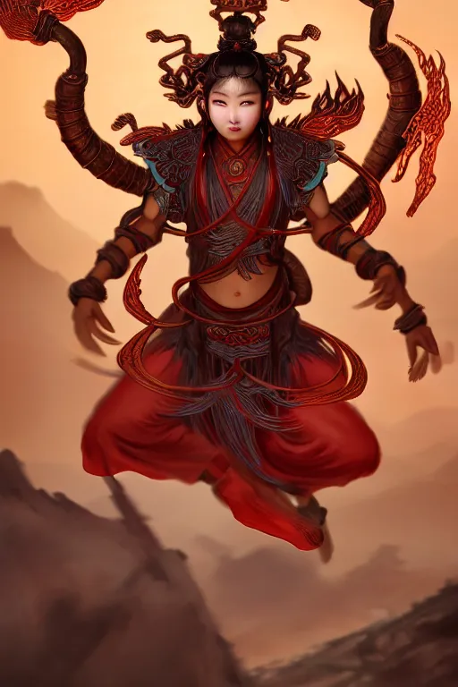 Image similar to nezha flies around swiftly on his wind flame circles in ruin chinese city, masterpiece, chinese mythology, top view, cinematic, fantasy character portrait, highly detailed, by new gods : nezha reborn, nezha : birth of the demon child, ne zha from smite, trending on artstation, concept art, flame everywhere,