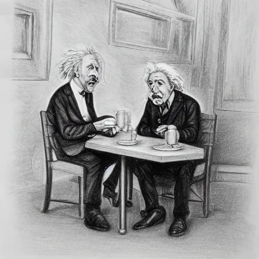 Image similar to Einstein and Newton sitting at cafe, pencil drawing, ultra detailed