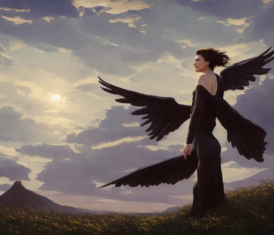 Prompt: rachel weisz spreading wings on her back. watches the sunset. confident pose. lush landscape. concept art by greg rutkowski, john j. park, jason chan, noah bradley, feng zhu, gintas galvanauskas, gustave courbet, rosa bonheur, edward hopper. sharp focus, cinematic atmosphere, detailed and intricate, perfect anatomy