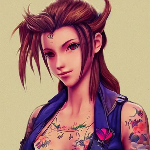 Image similar to concept art of aerith gainsborough with tattoos, trending on artstation