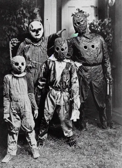 Prompt: photograph from 1909 of Halloween trick or treaters wearing Jason Voorhees costumes and Freddy Krueger costumes, highly detailed, vintage film