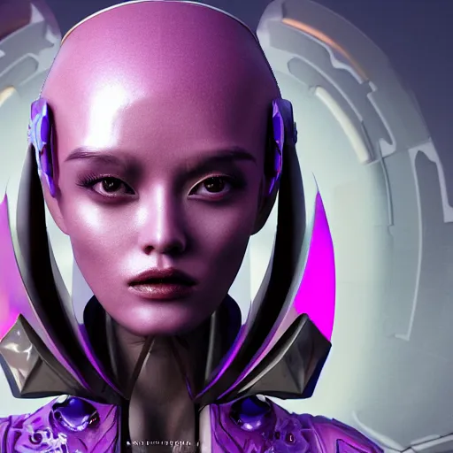 Image similar to portrait of an alien cyborg princess, style of Feng Zhu, Artstation geometric, aesthetic, smooth skin, unique features, symmetrical, intricate crown, high fashion, streetwear, cyberpunk, surreal, bold, detailed, octane render, cinematic, 8k, wires, purple skin,