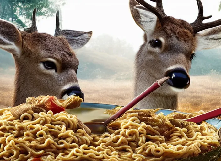 Prompt: a very high resolution image from a new movie, two deer wearing suits are eat instant noodles in a shabby temple