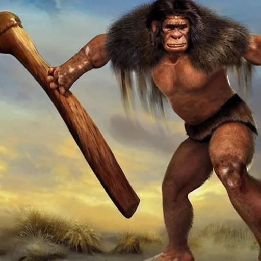 Image similar to prehistoric neanderthal superhero with a club made out of mammoth bone, epic, epical, absolutely epic, simply too epic