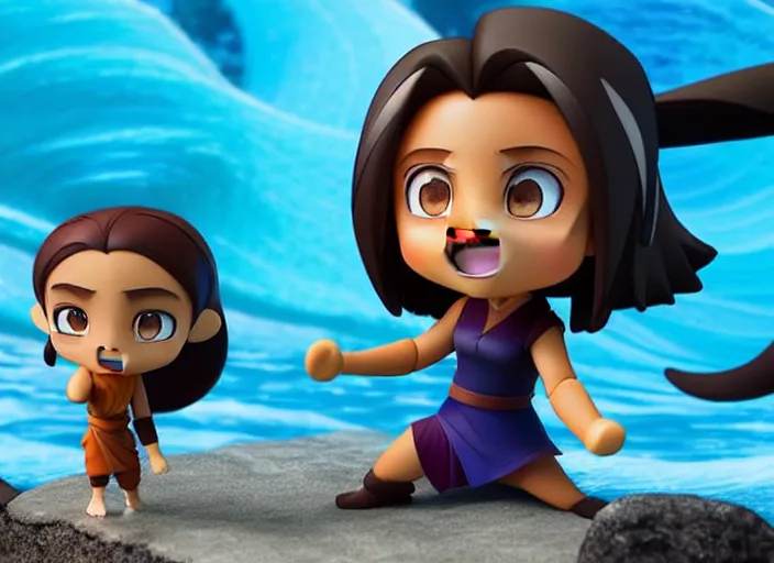 Prompt: katara from avatar as nendoroid is summoning a giant ocean wave in the croods movie style, anime, disney, pixar, 8 k, hd, dof, kodak film, volumetric lighting, subsurface scattering, photorealistic, octane render, details