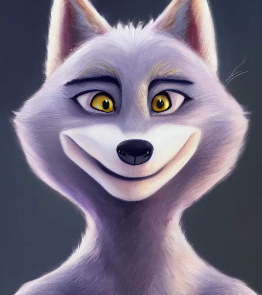 Image similar to oil painting of anthromorphic furry female wolf, in style of zootopia, female fursona, furry, furaffinity, 4 k, deviantart, furry art, fursona art, wearing black business suit, business suit, wolf fursona, female, smug expression,