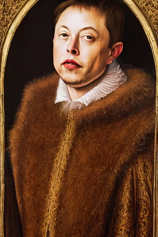 Image similar to renaissance 1 6 0 0 portrait of elon musk, oil painting by jan van eyck, northern renaissance art, oil on canvas, wet - on - wet technique, realistic, expressive emotions, intricate textures, illusionistic detail