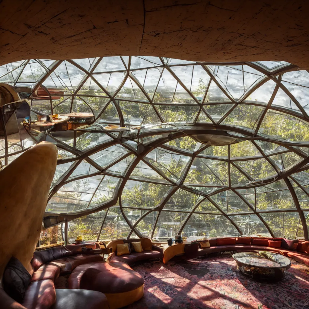 Image similar to inside luxurious earthship with futuristic sunken lounge and indoor garden with circular skylights, XF IQ4, 150MP, 50mm, F1.4, ISO 200, 1/160s, sunset