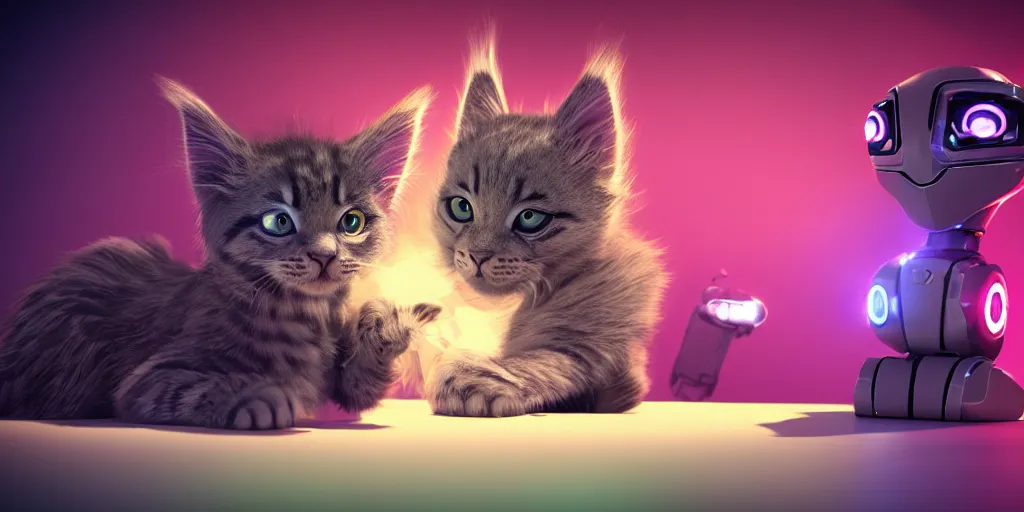 Image similar to a 3 d rendered movie still a cute robotic kitten with rgb ambient lighting implants. the robot maine coon kitten. in the background is a cyberpunk cat tree with rgb dramatic lighting. science fiction blockbuster movie from the future, imax 7 0 mm. octane 3 d render, style of mandalorian ( american space western television series )