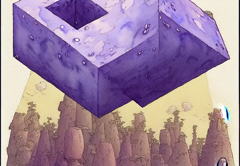 Image similar to a simple watercolor fantasy concept art of a giant grey cube floating in the air. by studio ghibli, rebecca guay, michael kaluta, charles vess