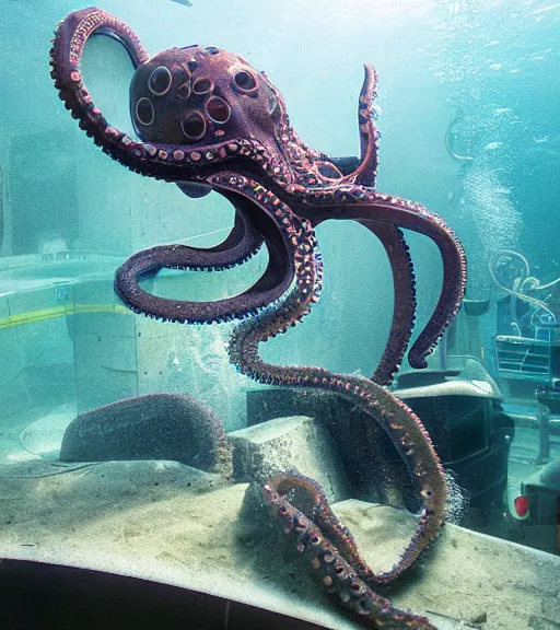Prompt: cybernetic octopus professor in an underwater lab, 8K, National Geographic photography