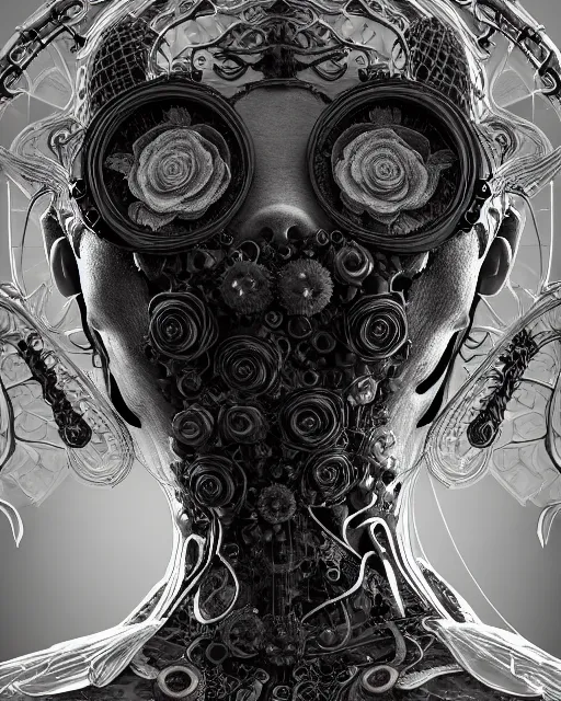 Image similar to mythical dreamy black and white organic bio - mechanical spinal ribbed profile face portrait detail of translucent steampunk beautiful intricated monochrome angelic - human - queen - vegetal - cyborg, highly detailed, intricate translucent ivy jelly ornate, poetic, translucent roses ornate, 3 d render, digital art, octane render, 8 k artistic lithography