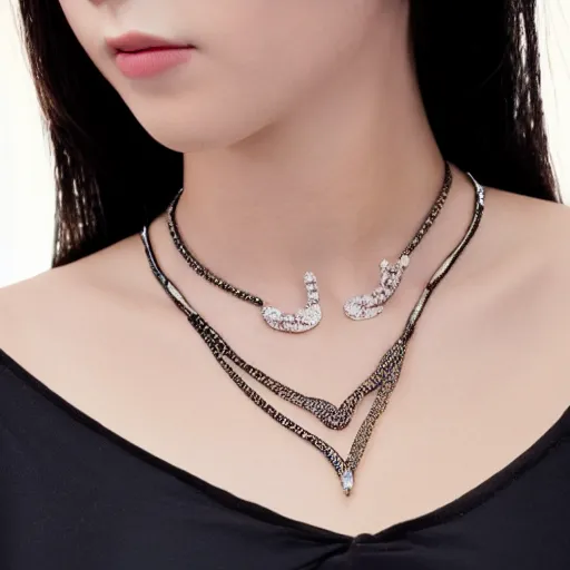 Image similar to necklace on a young beautiful woman neck, hyper realistic,