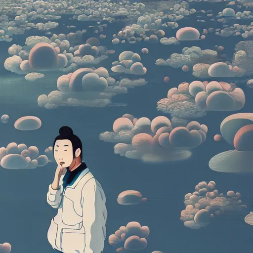 Image similar to a man walking on clouds away from the camera above kyoto by takashi murakami, beeple and james jean, aya takano color style, 4 k, super detailed, modern, 4 k, symmetrical