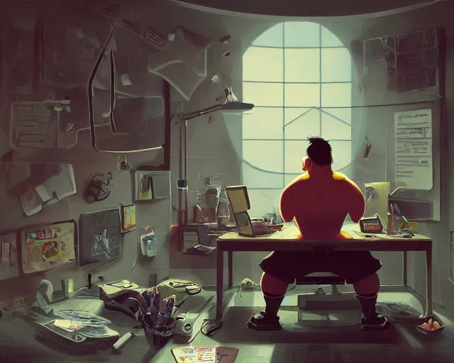 Image similar to an insanely detailed painting of a slightly chubby, nerdy asian man wearing a superhero costume, sitting at a desk, staring at the nervously at the computer and typing, in the style of peter mohrbacher, dramatic lighting and composition, octane render, pixar, trending on artstation, concept art, comic book, view from behind