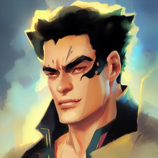 Image similar to jotaro kujo, closeup portrait art by greg rutkowski