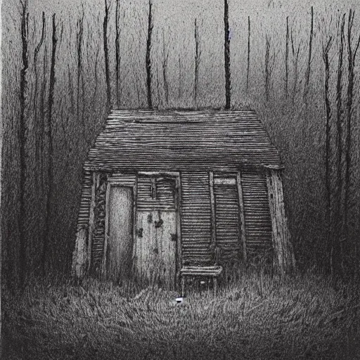 Image similar to a illustration of a eerie cabin in the middle of the woods in the style of beksinski