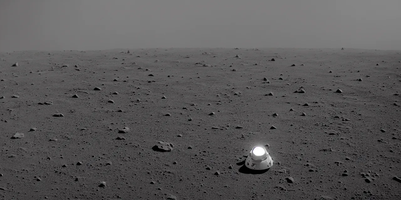 Image similar to ultrawide angle view from the surface of the moon, cinematic film still, film grain, looking up at tall white space, glowing landing lights on spaceship, stars and space in the background, fog and dust, full frame photography