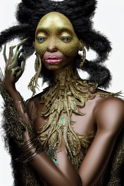 Prompt: a highly detailed medium shot 8 k render portrait of an alien goddess winnie harlow in iris van herpen dress schiaparelli in diamonds and jewelry in style of alphonse mucha trending on artstation made in unreal engine 4