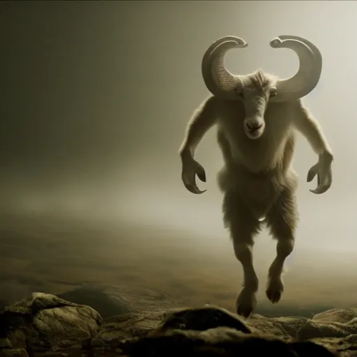 Prompt: a cinematic shot of a humanoid goat monster playing in a rock band, movie still, fog, atmospheric, 4 k