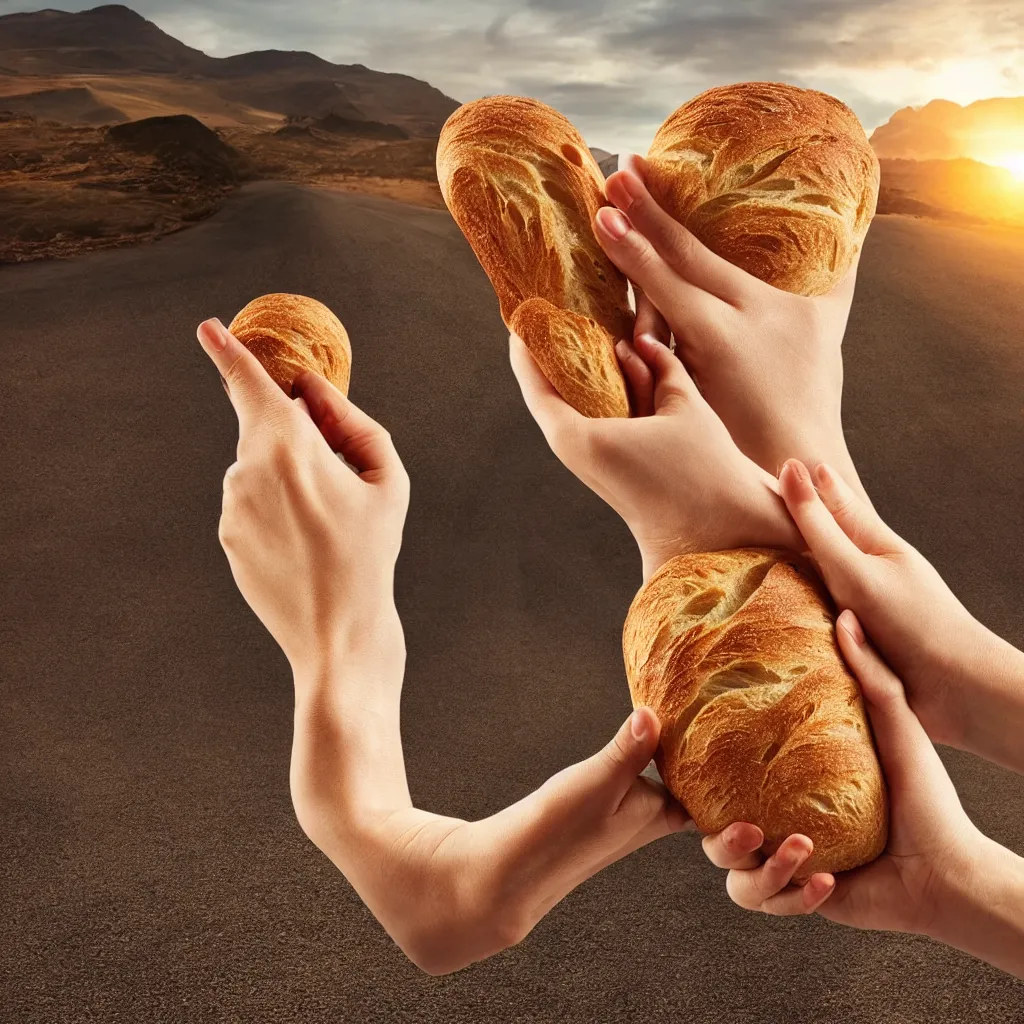 Prompt: a bread and a banana walking hand in hand into the sunset