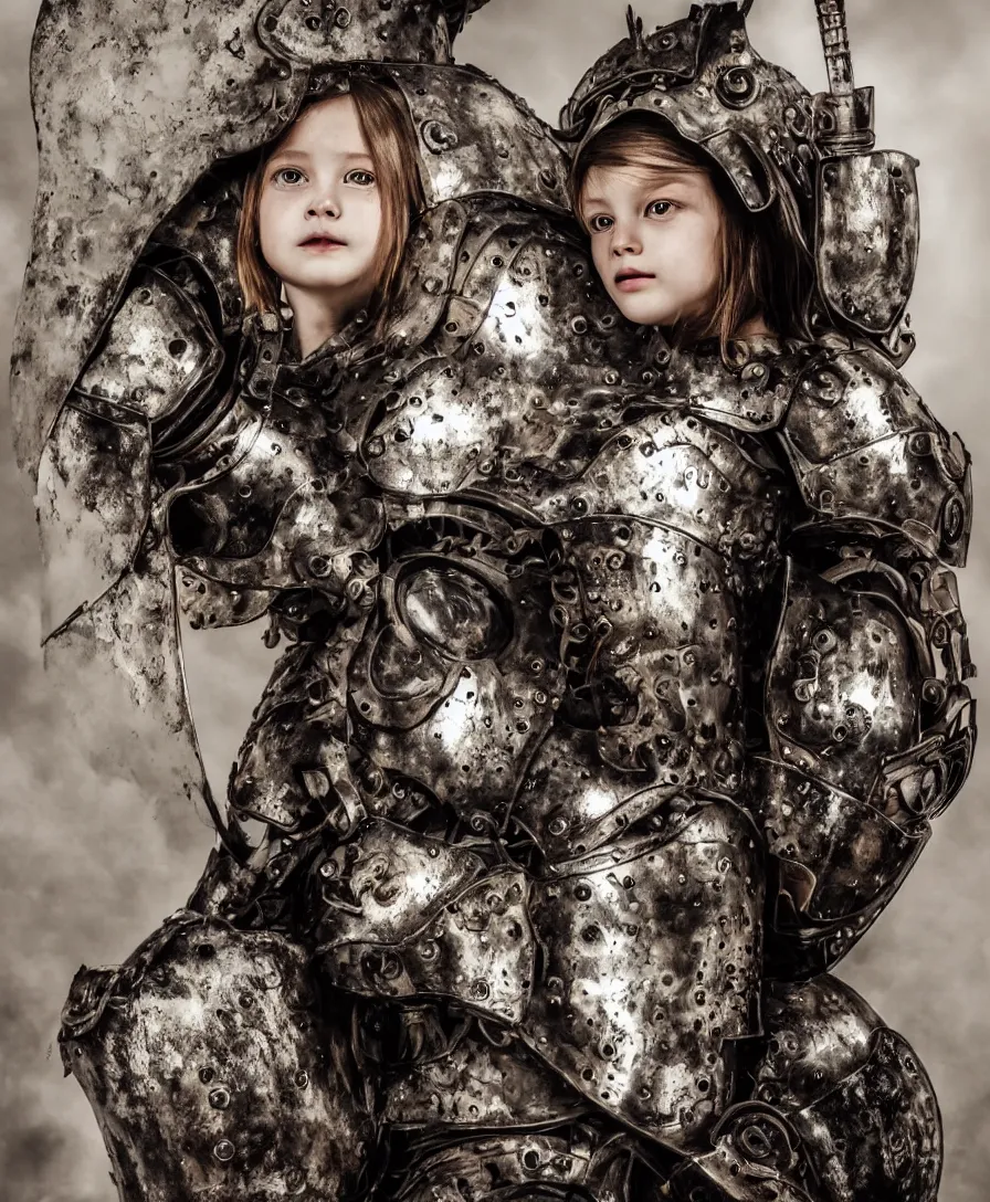 Image similar to portrait of a beautiful young girl wearing an alexander mcqueen armor made of iron steel armour , artistic illustration realistic photo