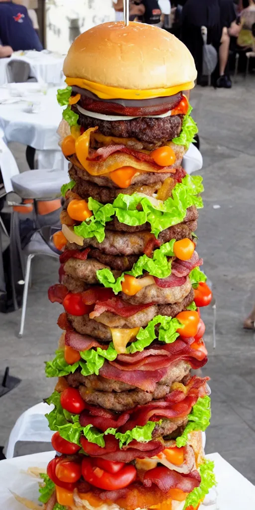 Image similar to a cheeseburger tower made of gigantic stacks of meat patties, bacon, onion rings, tomatoes, lettuce and cheese slices with a bun on each side, delicious looking burger - stack - tower