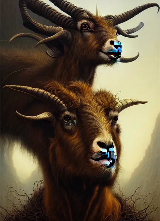 Image similar to portrait shot of a demonic goat, a scenic dystopian environment, intricate, elegant, highly detailed, centered, digital painting, artstation, concept art, smooth, sharp focus, illustration, artgerm, tomasz alen kopera, peter mohrbacher, donato giancola, joseph christian leyendecker, wlop, boris vallejo