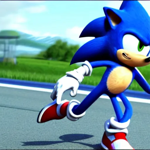 Image similar to realistic sonic running down a highway high quality