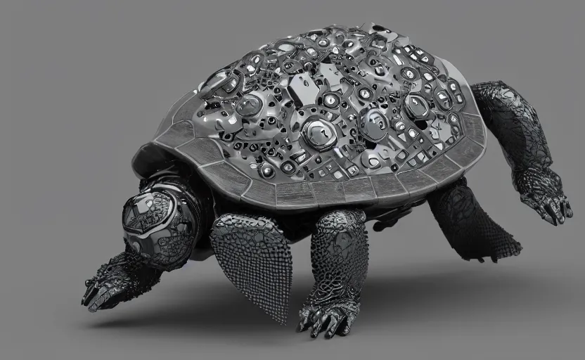 Image similar to Artificial Intelligence turtle with its shell made out of modular synth dials and knobs, sleek design, studio lighting, octane render, 4k, high quality photo